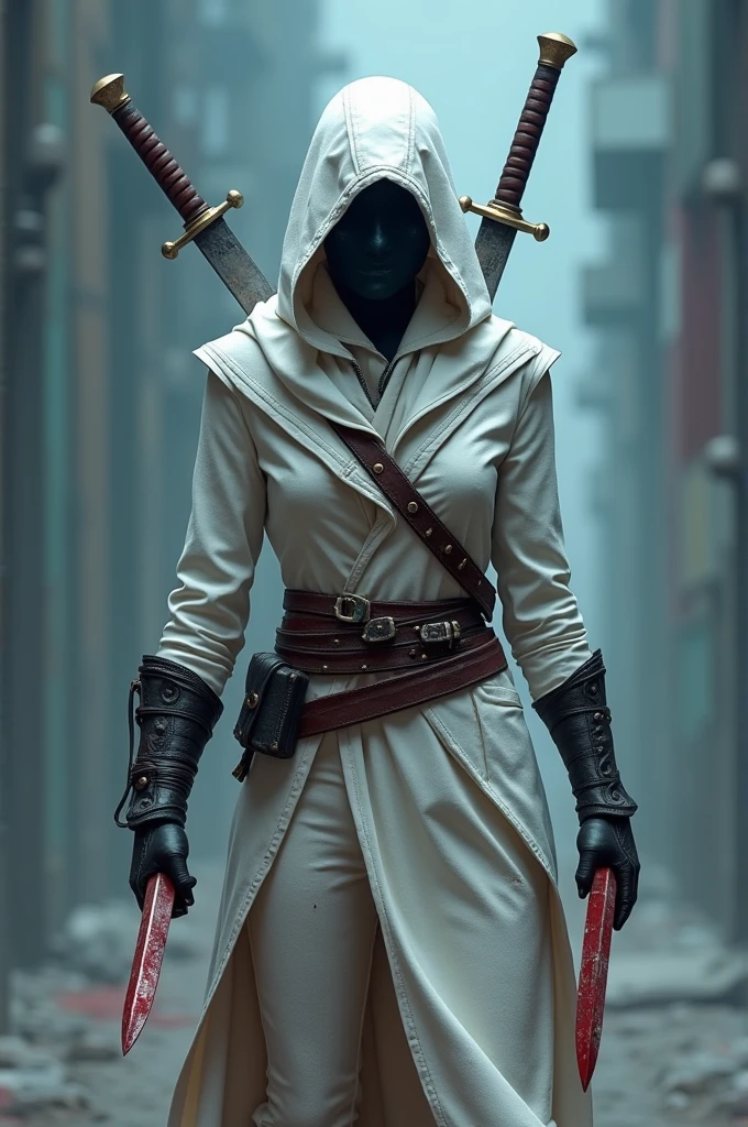 A girl standing in an assassin costume. With two knives in her hands and two swords hung on her back. The costume of her is white which is covered in blood. Also the knives in her hands are covered in blood too. The costume should be white but the color grading of the image with background should be bluish a bit. Also she wears an assassin mask on her face