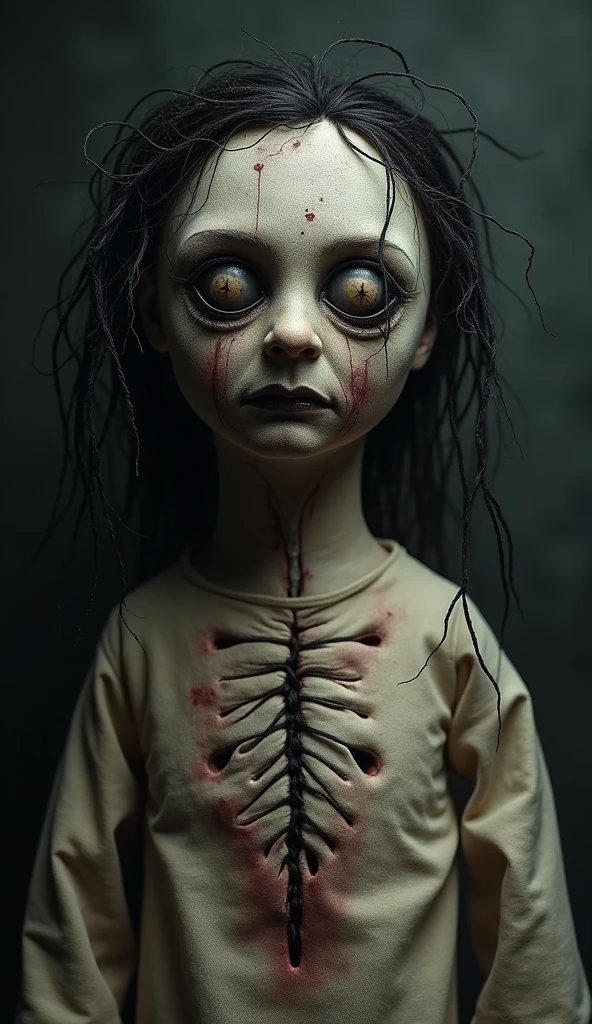 Voodoo doll in the center with two needles in the chest. 