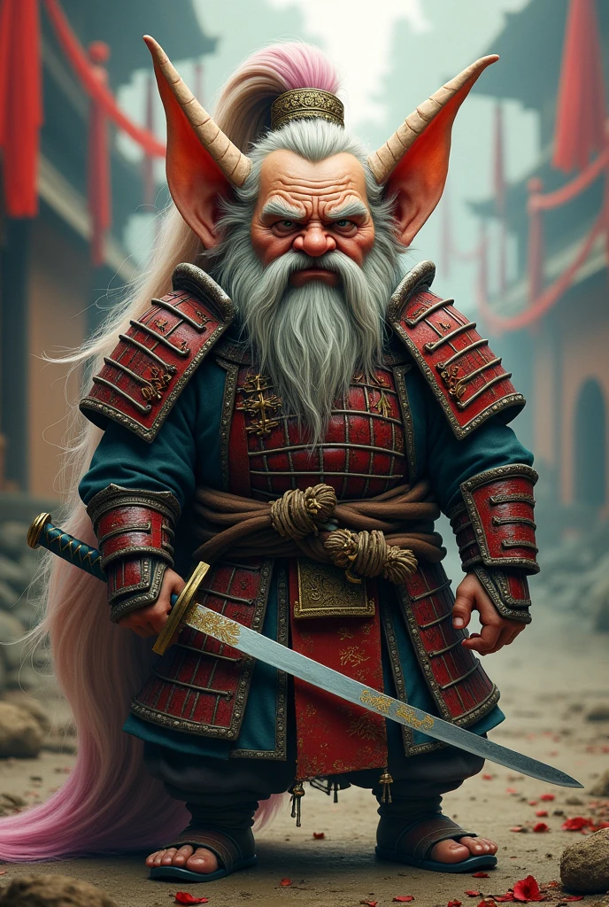 Create a samurai gnome , with medieval samurai clothes and long, colorful hair, and of average height, with a great aura of power emanating from him