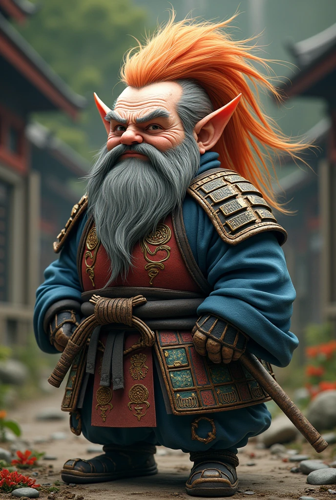 Create a samurai gnome , with medieval samurai clothes and long, colorful hair, and of average height, with a great aura of power emanating from him