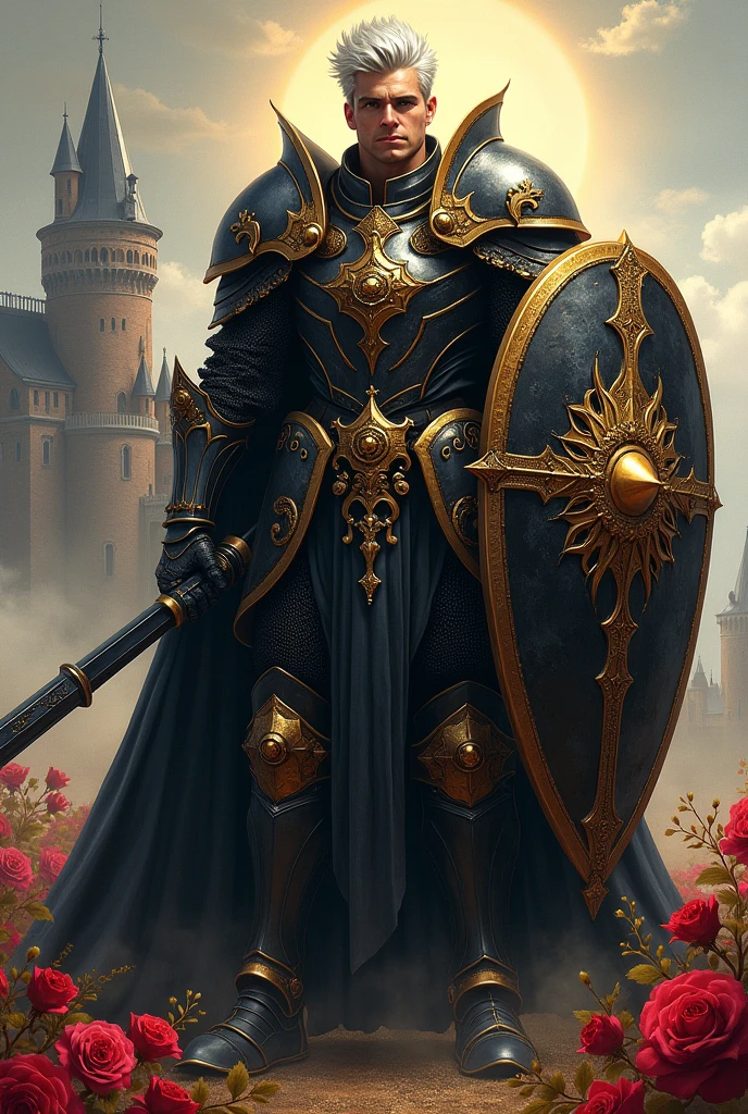 Homem, sexy, com cabelos espetados prateados, full length wide angle view Glorious Glorious Brigh Monarch King Knight wuth a (Shield:1.5) in a highly detailed Heavy black Knight armor guilded with gold,silver in a High holding a Gold and black and Crimson (Shield:1.5) ; gothic castle background; photorealistic, insanely detailed, meticulous, awe inspiring, magnificent, concept art, dark fantasy, gothic; Anne Stokes, Anna Dittman, Greg Rutowski, Josephine Wal High Gothic Dark Fantasy DarkSouls EldenRings Enchanted:Gothic : watercolor Glorious Brigh Monarch King Knight with a Long warm cloak holding a Long enchanted round (Shield:1.5) in a highly detailed Heavy black Knight armor guilded with gold,silver in a field of Colorfull Roses under an Eclipse ::| hyperdetailed: maximalist ::| Stunning masterpiece::| Jonas De Ro: russ mills, white roses and Blood red Roses under a warm Autumnal Morning Sunlight, Mark Brooks and Dan Mumford, comic book art, perfect, smooth, in Gouache Style, Watercolor, Museum Epic Impressionist Maximalist Masterpiece, Thick Brush Strokes, Impasto Gouache, thick layers of gouache watercolors textured on Canvas, 8k Resolution, Matte Painting