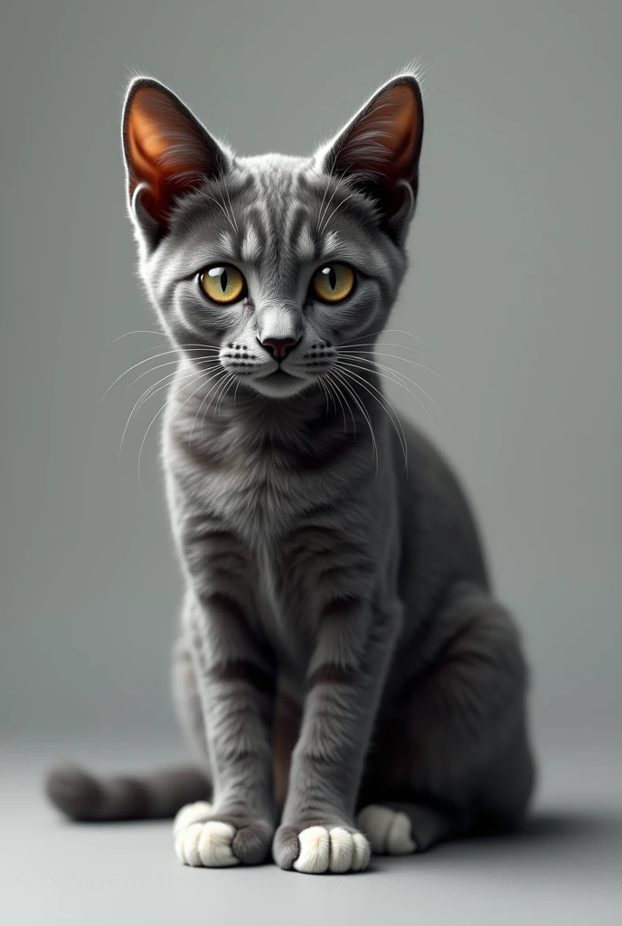 Create an image of a completely gray cat with stripes, white paw pads, brown eyes with a touch of green in the center, super cute, beautiful, and adorable, with very pointy ears and white tips on the ears, sexy, not too thin, and white ears.