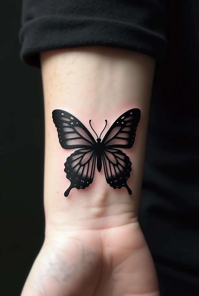 Create a butterfly tattoo on the wrist, completely black. 
