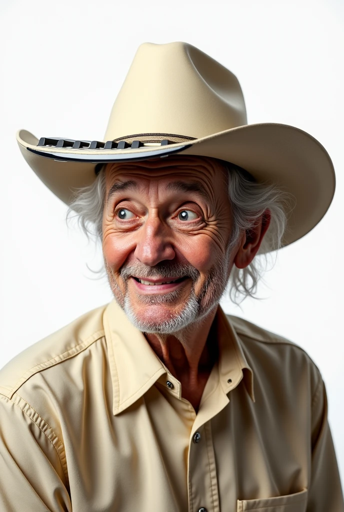 Elderly gentleman with a cream-colored cowboy hat, musical keyboard replacing the entire brim of the hat, White background
