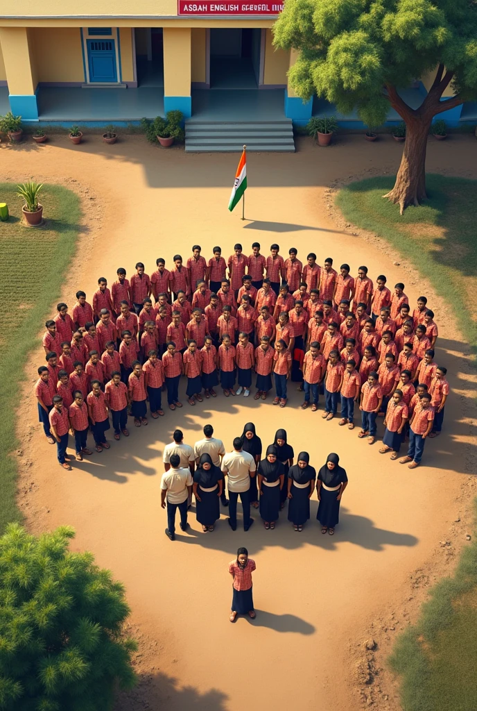 Create an aerial view image of a school ground, ground is soily and have little bit grass where students are standing in an organized manner, forming the letters 'A S B A H' with their bodies. Teachers stand infront of the students. school have single floor with creamy yellow colour walls with blue colour bottoms. School out side is farming land present. The scene should be set during a school event Independence Day of india celebration. A tri colour Indian flag hosted on the school building, with students in uniform. The background should include a school building with a visible sign reading in red colour 'ASBAH ENGLISH SCHOOL,' a mini garden, and a large tree. The atmosphere should feel vibrant and festive, reflecting the spirit of the celebration."
Students uniform colour orangish pink small box checker shirt and navy blue pant.
15 Male Teachers uniform creamy yellow colour shirt and black pant. 20 Female teachers in Muslim black nakab and creamy scarf.