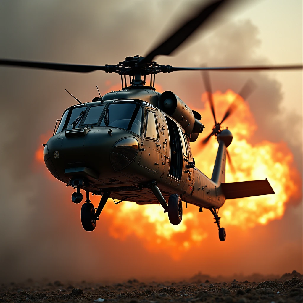 high resolution, best quality, backlit, Side corners, Masterpiece, precise, damaged, โมเดลhigh resolution, Highly detailed, high resolutionสุด, The Black Hawk helicopter was shot down and its blades exploded., There are explosives all around the Black Hawk helicopter,film lighting, film lighting,