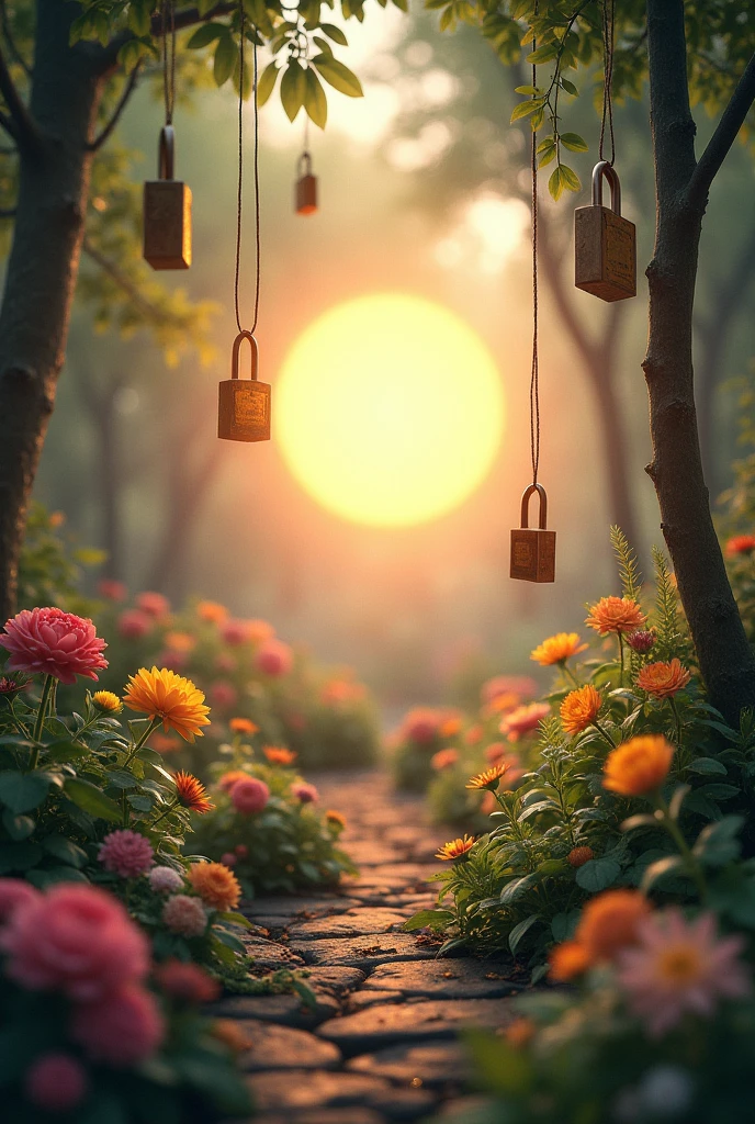 A garden type background with open padlocks and in the middle of the padlocks a light like the sun