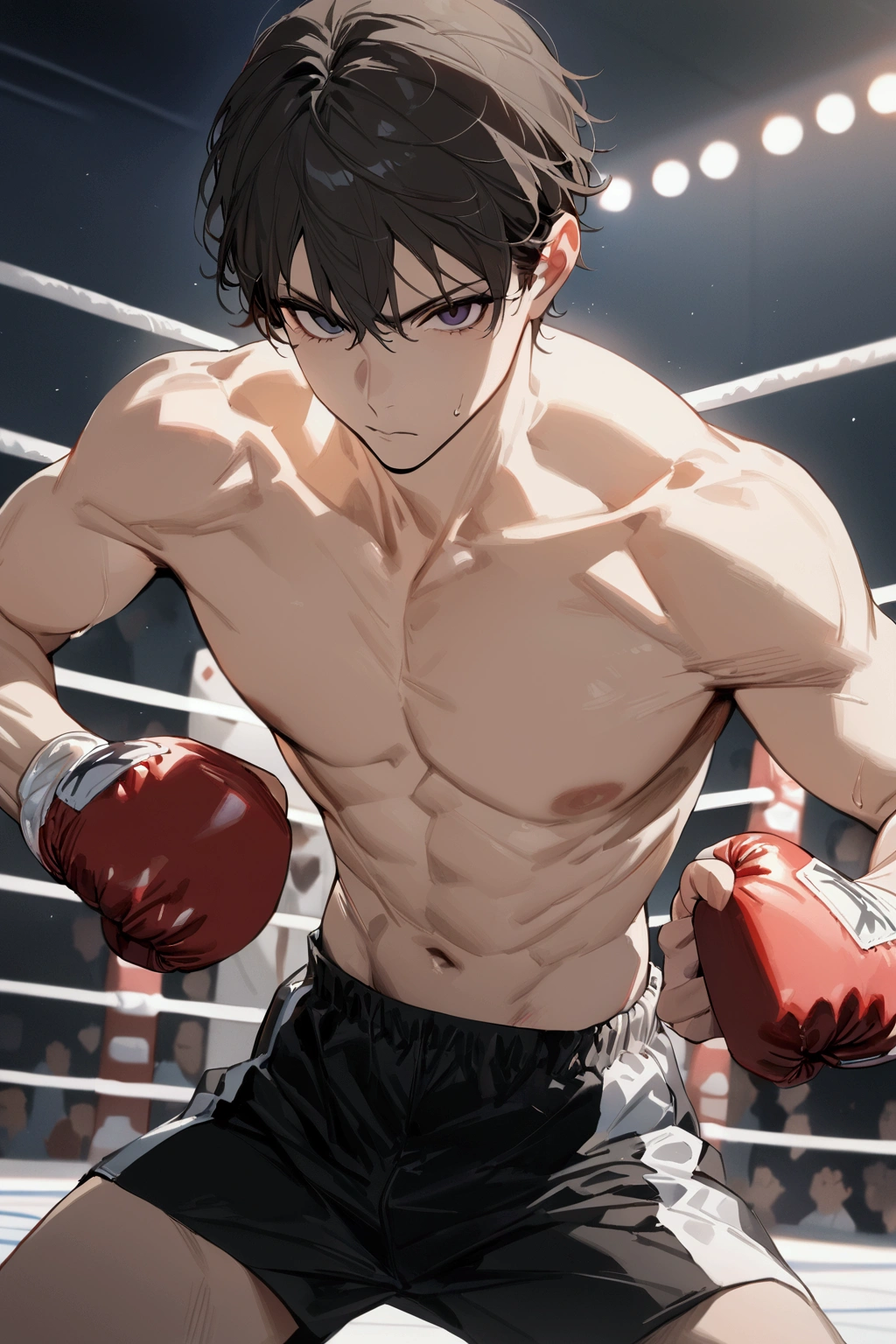 (masterpiece,best quality:1.3),(ultra-detailed,high resolution:1.2),(illustration),((an extremely delicate and beautiful)),(detailed background), 1boy, ((((solo)))), 1 scrawny boy,tall stature, pale-skinned scrawny boy, He wears boxing uniform, fighting stance, wrestling ring, looking at viewer, topless,