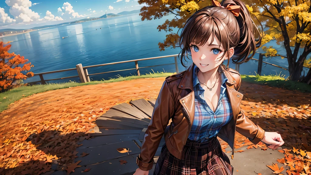 1girl, solo, trees, sun, clouds, autumn, colorful trees, falling leaves, ((brown hair)), ponytail, large breasts, ((brown leather jacket)), button down shirt, ((blue checked shirt)), ((unbuttoned shirt)), unbuttoning buttons, ((full cleavage)), blue eyes, long skirt, brown boots, smile, happy, looking at the viewer, walking, upper view, hair ribbon, golden necklate