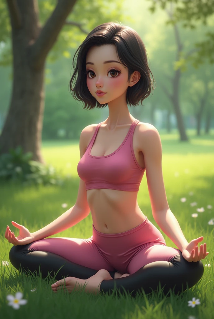 (RAW photo:1.2), (realistic:1.4),beautiful detailed woman,Highly detailed eyes and face, detailed eyes, super detailed,High resolution, very detailed,best quality,enlightenment,unified,8k wallpaper,master piece,best quality,1 woman,alone,rich,full body esbian,(A little chubby body type:0.9),Toned figure,There's meat on the legs,slim waist,alone,(pink yoga suit,Temperament black 10 length spats,barefoot),short hair,gentle smile,dignified atmosphere,black eye,Realistic,(green grasorning park:1.1)