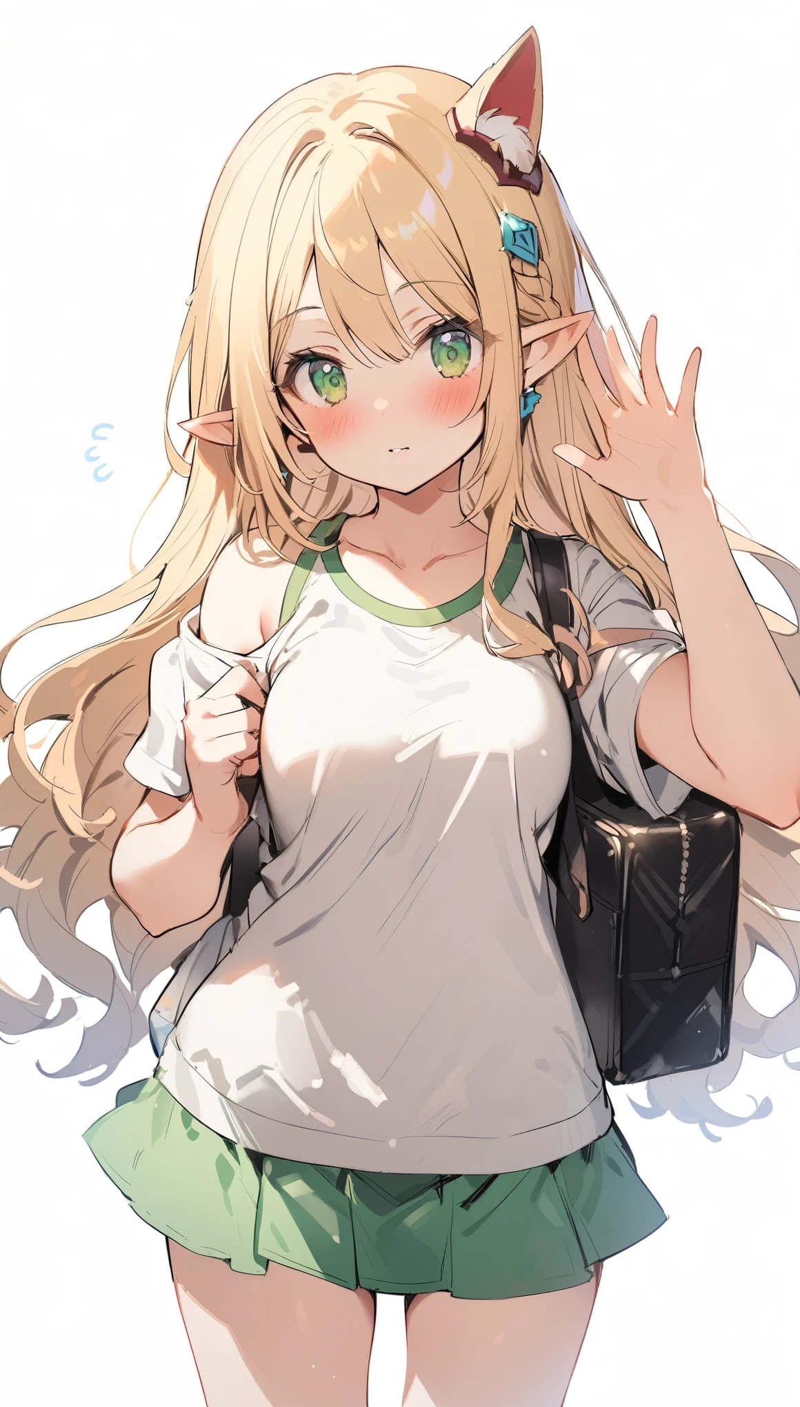 1 girl, princess connect(alisa),elf,elf_ear , (increasing the weight makes things worse),Raise the hand, Are standing, bangs, just_shoulder , blonde, green eyes, blush,long hair,uniform, white background