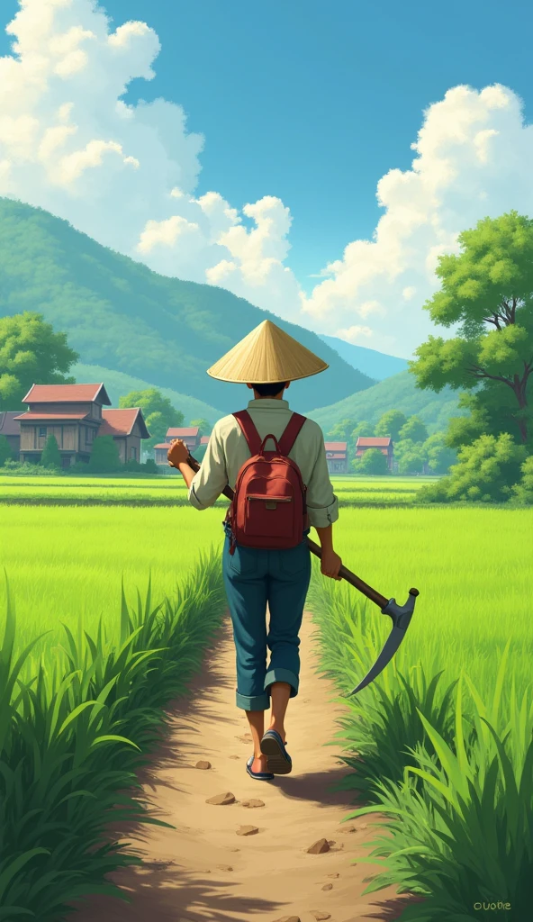 A young farmer, 20 years old, wearing a conical hat and holding a sickle, walks down a small village path., on both sides are green fields.hình 2d
