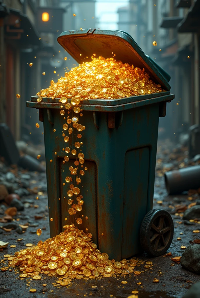 Very dirty dustbin is overflowing with treasure, with jewels  diamond and gold coins spilling out onto the ground? And the dustbin 