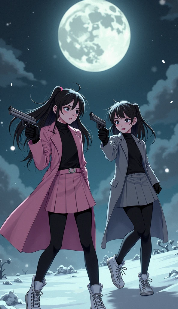 (Two girls, long black hairs, yuri, Vampire Hunters
The first girl wear a pink long coat, black shirt, pink pencil skirt, black underpants, black tights, black gloves, white sneakers high top.
The second girl wore a grey long coat, black shirt, grey pencil skirt, black underpants, black tights, black gloves, white sneakers high top.
holding a pistol handguns, pointing a guns, shooting, snowing, black grey sky, fantastic night sky, moon, cartoon novel, 4K, HD