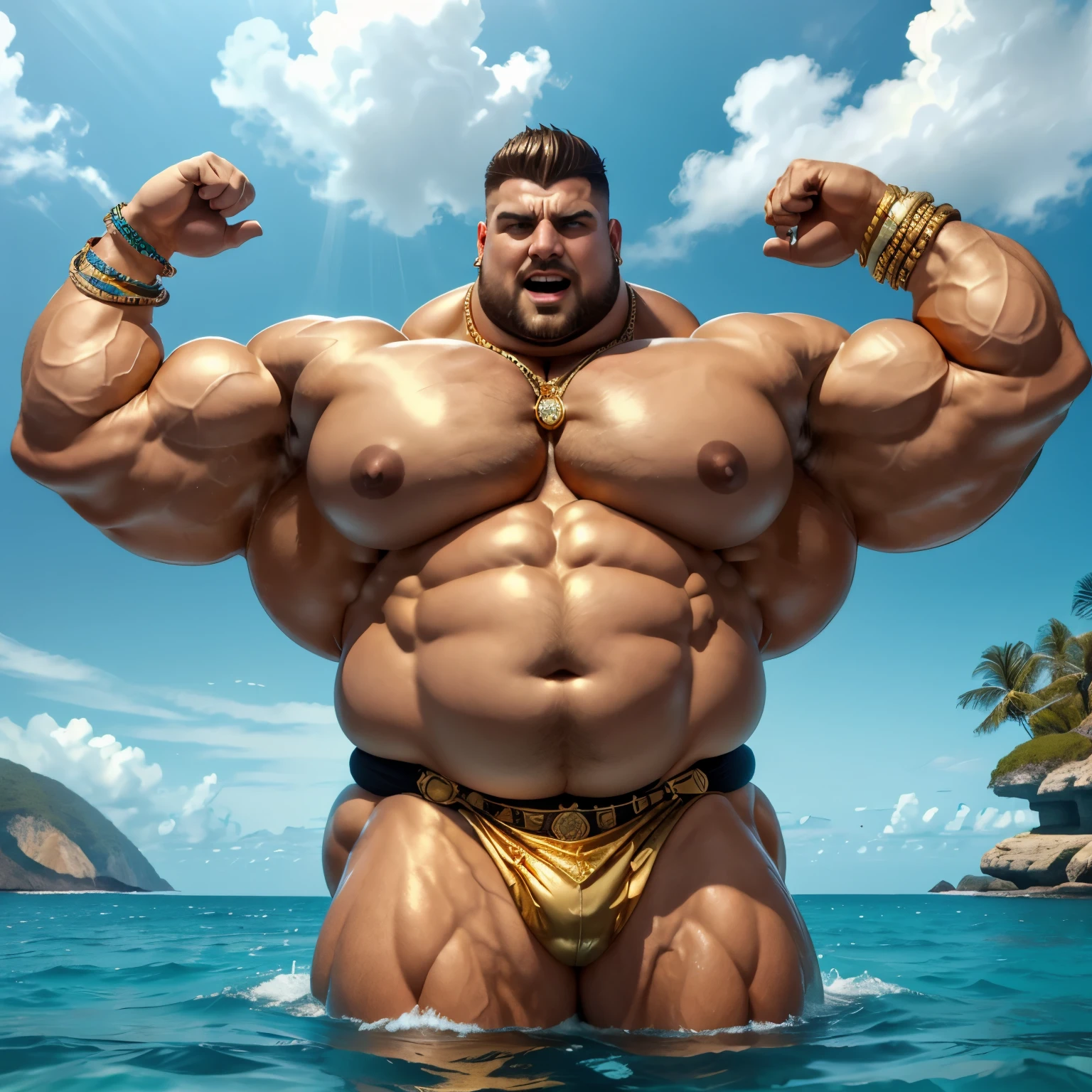 ffull view, morbidly obese white man with massive belly, with preppy undercut brown short hair, shirtless, wearing dozens of gold and diamond rings, bracelets, piercings all over the face, necklaces, stiring in the water in the middle of the sea with a terrified look on his face,hands up, screaming, at the foot of his luxurious yacht on ocean, 2 servants watching him from the deck