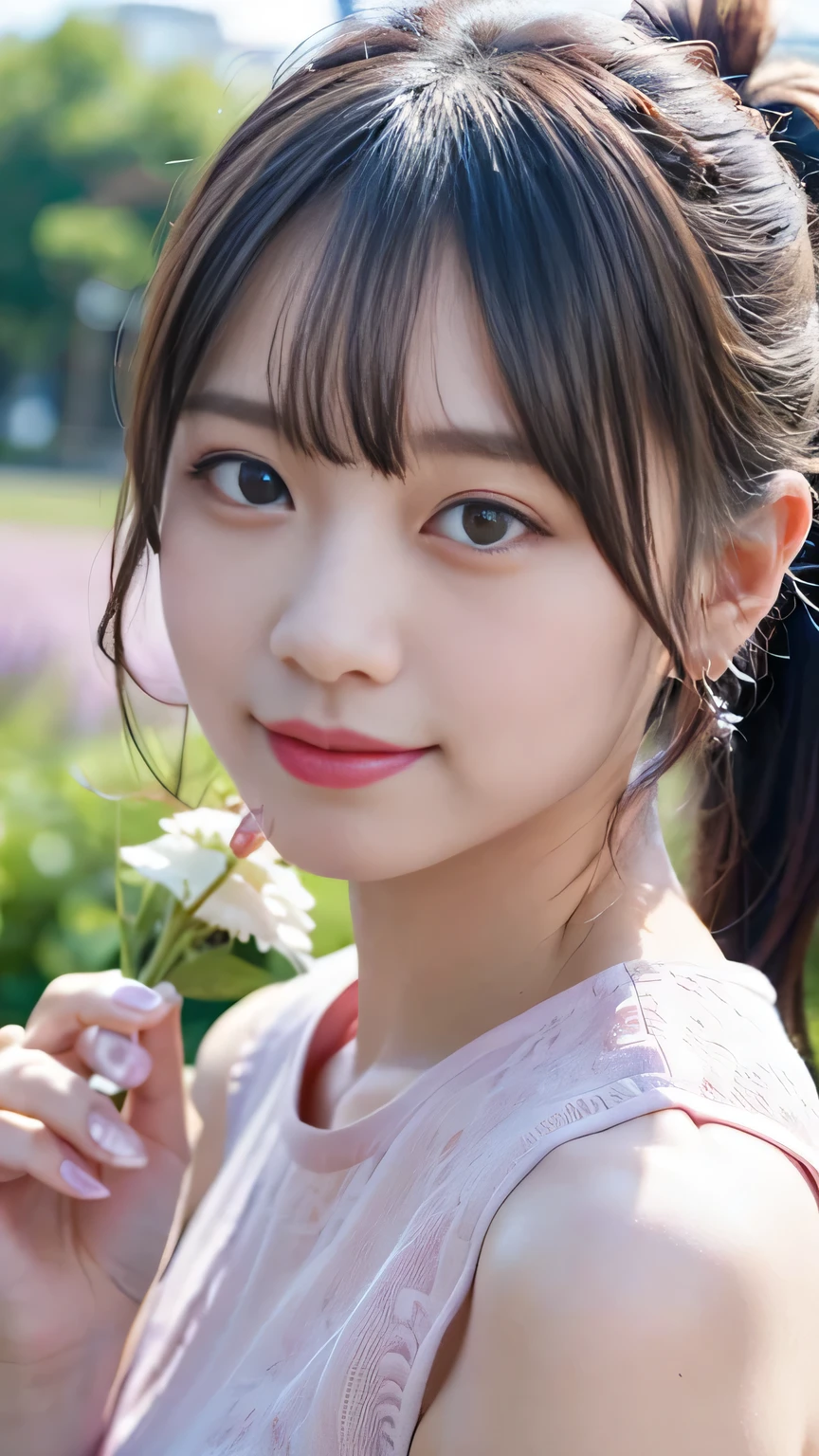 ((masterpiece,best quaLightingy 1.4)), (8k,RAW Photos:1.2), (Realistic,photo Realistic:1.4), Ultra-high resolution , (Highly detailed 8K wallpapers) ,Japanese Idols, Japanese actress, Japanese, very cute, Big eyes, Highly detailed eyes and face, Beautiful eyes in every detail,Glowing Skin,Portraiture,(ponytail :1.2),(smile:1.3) ,(Holding a bouquet:1.2),Lighting, Sharp focus, Written boundary depth , (Dynamic Angle:1.4 ). Blur the background, bokeh, (Pink Dress:1.2) ,( Lavender fields during the day.)