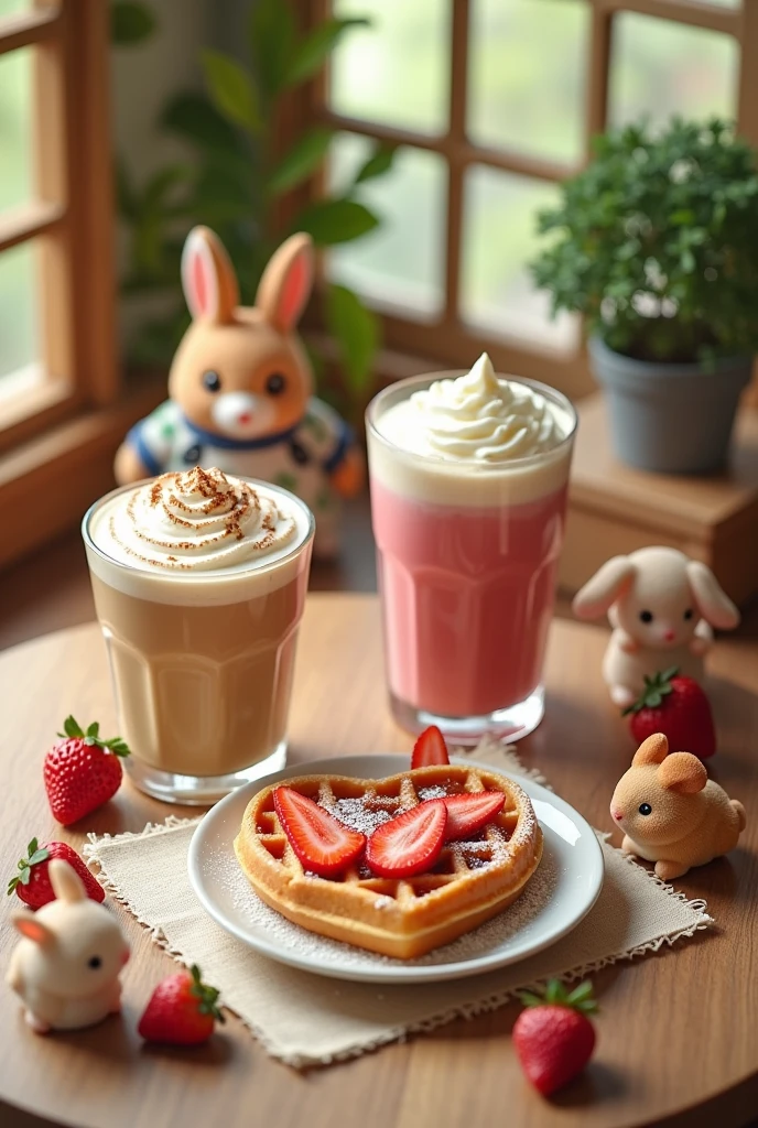 Design me a menu for a Sylvanian Families themed cafe with a coffee frappe, strawberry smoothie, heart-shaped waffle and hot dogs