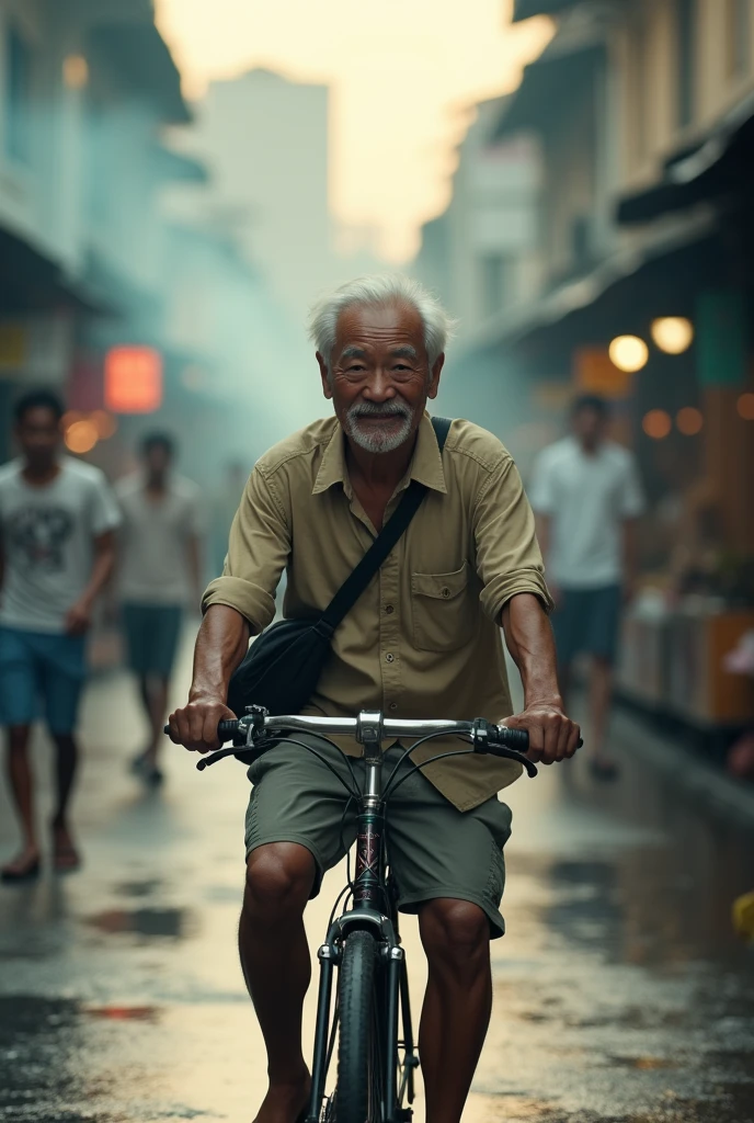 ( photo realism 1.2) photo realistic high detailed old Chinese male riding bicycle old Malay town background shoulder bag white hair and goatee morning dusk sunlight effect smoke effect 80's photo filter  morning mode short trousers messy hair cinematic view dramatic view slippery wet road after rain morning market people walking fog effect smile face