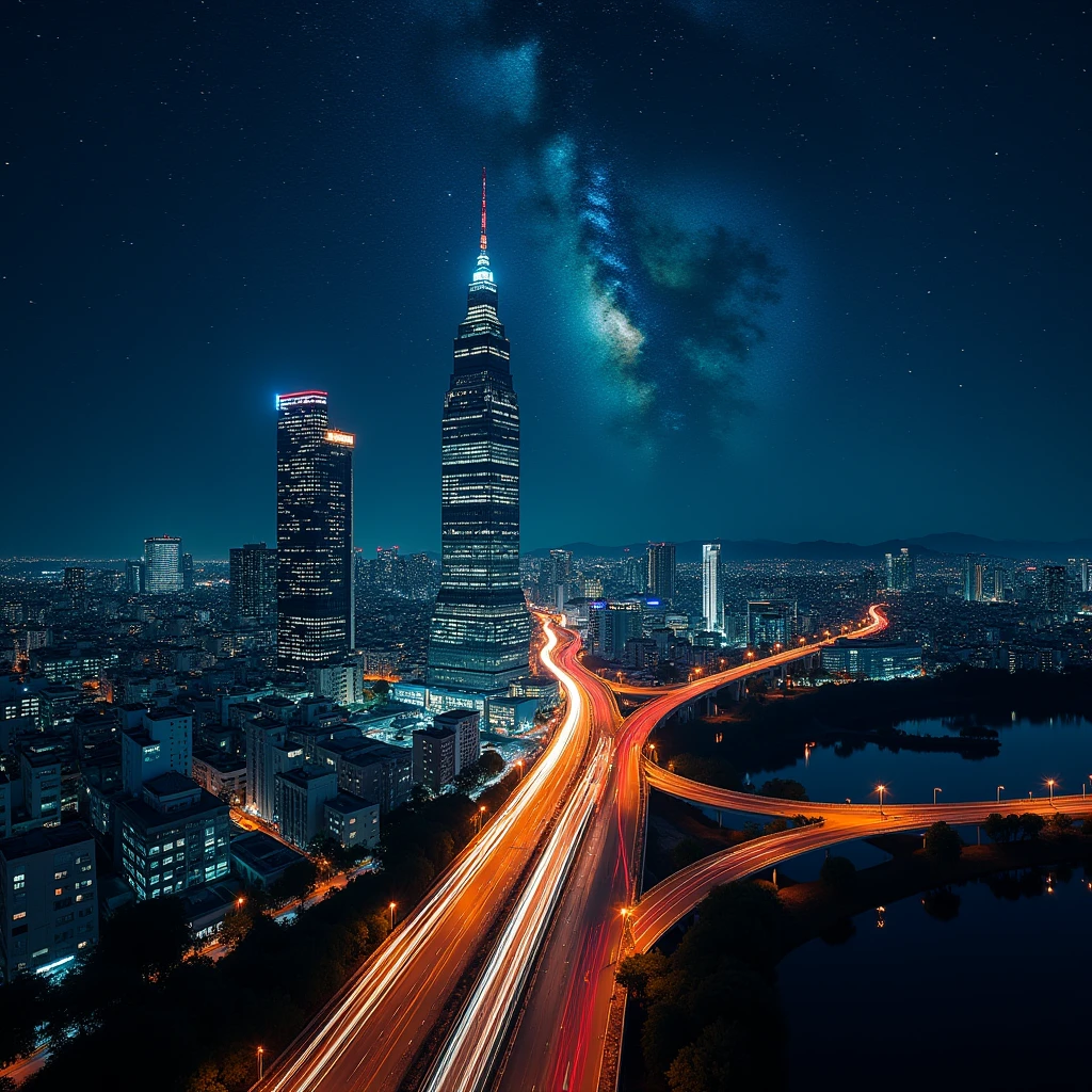 (Light trail photography:2.0),Tokyo,skyscraper,The capital is high,(Highway intersection:2.0),night,Aerial photography by airplane,Beautiful afterimage of light,masterpiece,Highest quality,Ultra-high resolution,Very detailed,8k,Realistic,Ultimate Aesthetics Milky Way