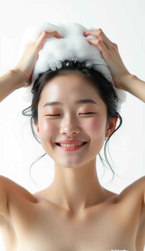 Create an Asian beauty，Regular facial features，Wearing a white satin bathrobe，Scratch your scalp with both hands，Two hands washing hair on top of head，There is a lot of foam and water on the head，Foam wrap head，Real bubbles，Open your eyes，The expression is happy，Upper Body，The characters are realistic and realistic，Pure white background，Character front position，9:16 frames，Ultra-high-definition picture quality