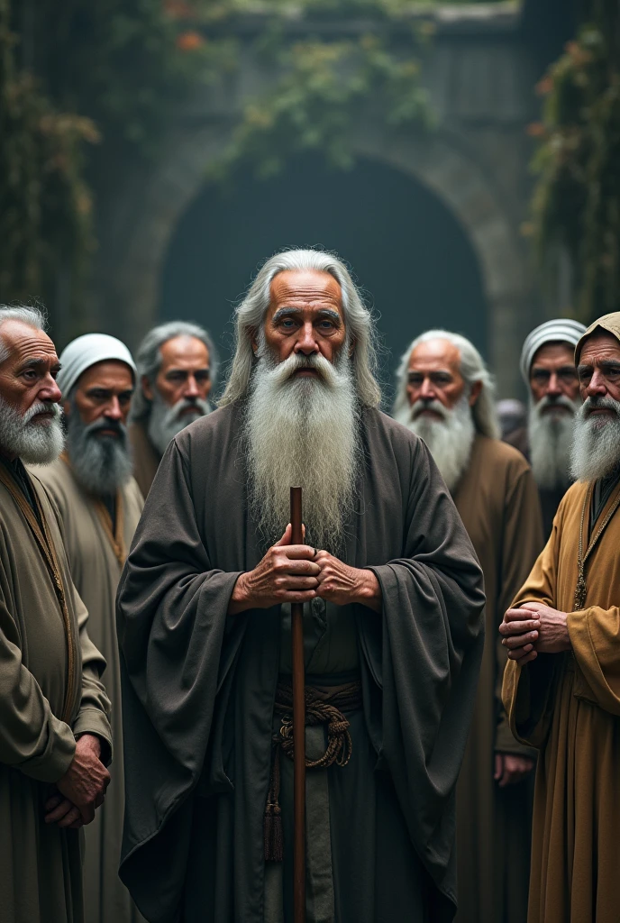 Seven wise old men from different ethnicities, forming a semicircle. Three of them are old and wise women, positioned on the right and left side, with serene expressions that reflect the diversity and wisdom accumulated over the years. At the center, a man with a mysterious and charming appearance, with a long, well-groomed white beard, and a face marked by wrinkles that tell of a life of profound knowledge. Your clear eyes seem to hold the secrets of the universe, radiating an almost mystical serenity. All are dressed in simple robes, mas elegantes, reinforcing its aura of wisdom and mystery. The background of the image is enigmatic, evoking a sense of mystery and depth, suggesting a place where ancestral knowledge is shared. The image must be in landscape orientation, with dimensions of 1920 x 1080