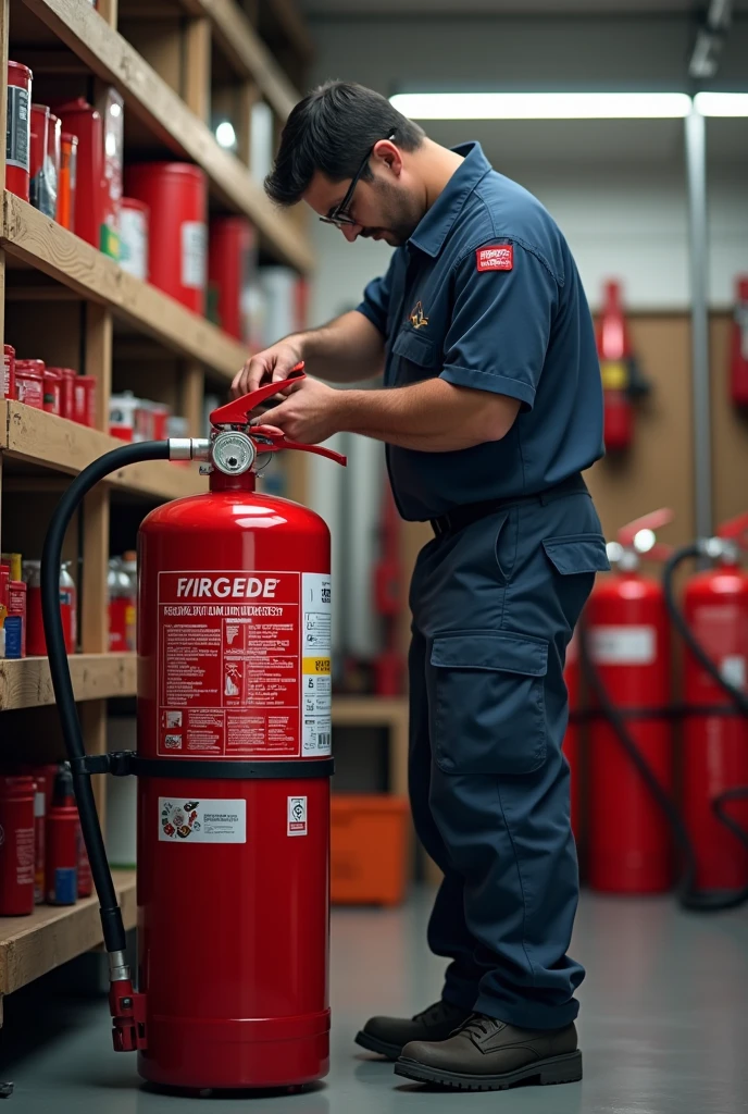 A person refilling and maintaining a fire extinguisher