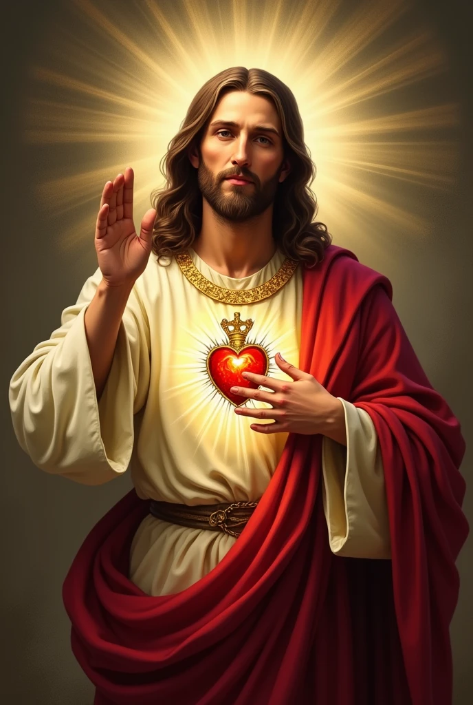 In this sacred image, Jesus Christ is portrayed with a tender and loving expression. Their head is usually moderately inclined and their eyes exude compassion and serenity. He is depicted with his right hand raised in victory and his left hand placed over his heart. (hands with five fingers)

The Sacred Heart itself is central to the image, visible prominently on Jesus' chest. It is often shown as a realistic, flaming heart surrounded by a crown of thorns. The flames are depicted as extended and intense, symbolizing Christ's fervent love and divine zeal. The crown of thorns that surrounds the heart signifies Jesus' suffering and sacrifice, as well as the redemption offered through his pain.

Jesus is typically dressed in a robe, which is often depicted in deep, rich colors such as red or white, symbolizing purity and sacrifice. The robe is often adorned with a sash or cord, adding to the overall majestic appearance. The background of the image may vary, but is commonly depicted with a soft, glowing light or radiant aura that emphasizes the sacredness of the scene.

Additional elements may include the depiction of rays of light emanating from the Sacred Heart, symbolizing divine grace and love extending to all humanity. The image can also be framed by various religious symbols or inscriptions, often conveying messages of faith, hope and love.

Overall, the Sacred Heart of Jesus is a powerful and evocative image, rich in the religious and imbued with deep spiritual meaning.