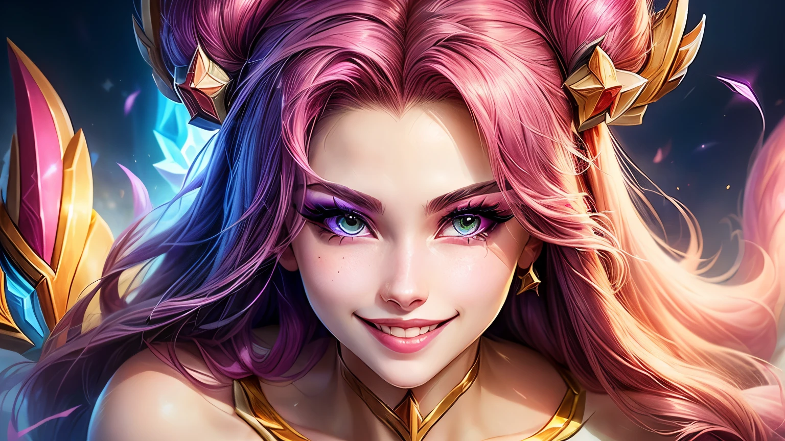 a girl, fully body, (kaisa league of legends), How are you star guardian, , I wore a pink and white dress., posse sexy, smiling, high resolution, super detaill, 8k, Overview