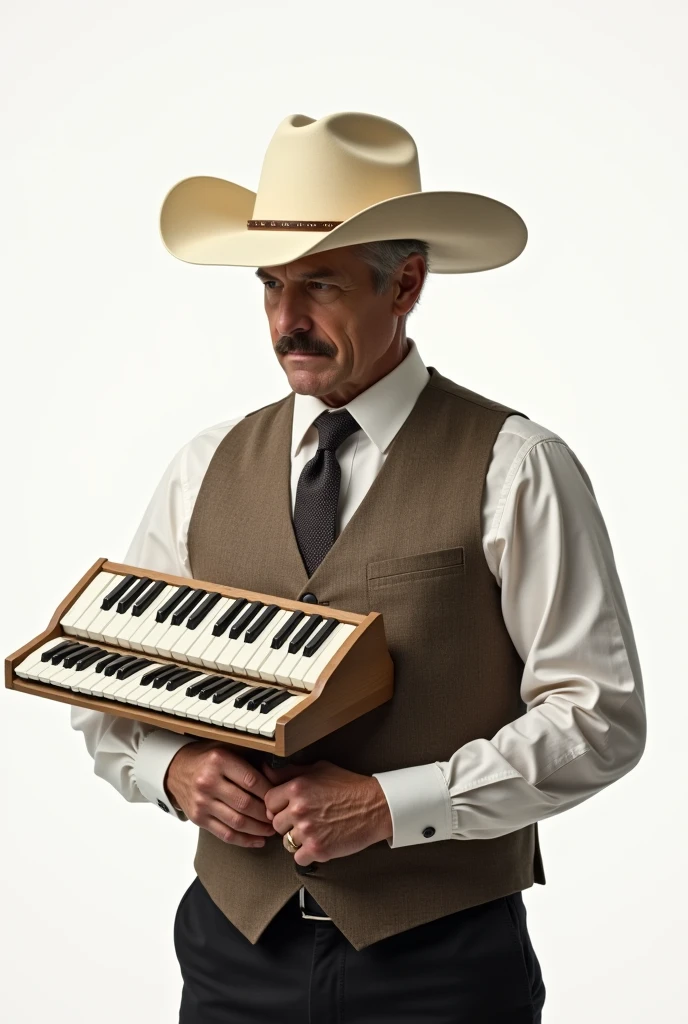 Gentleman with a cream-colored cowboy hat, musical keyboard replacing the entire brim of the hat, White background