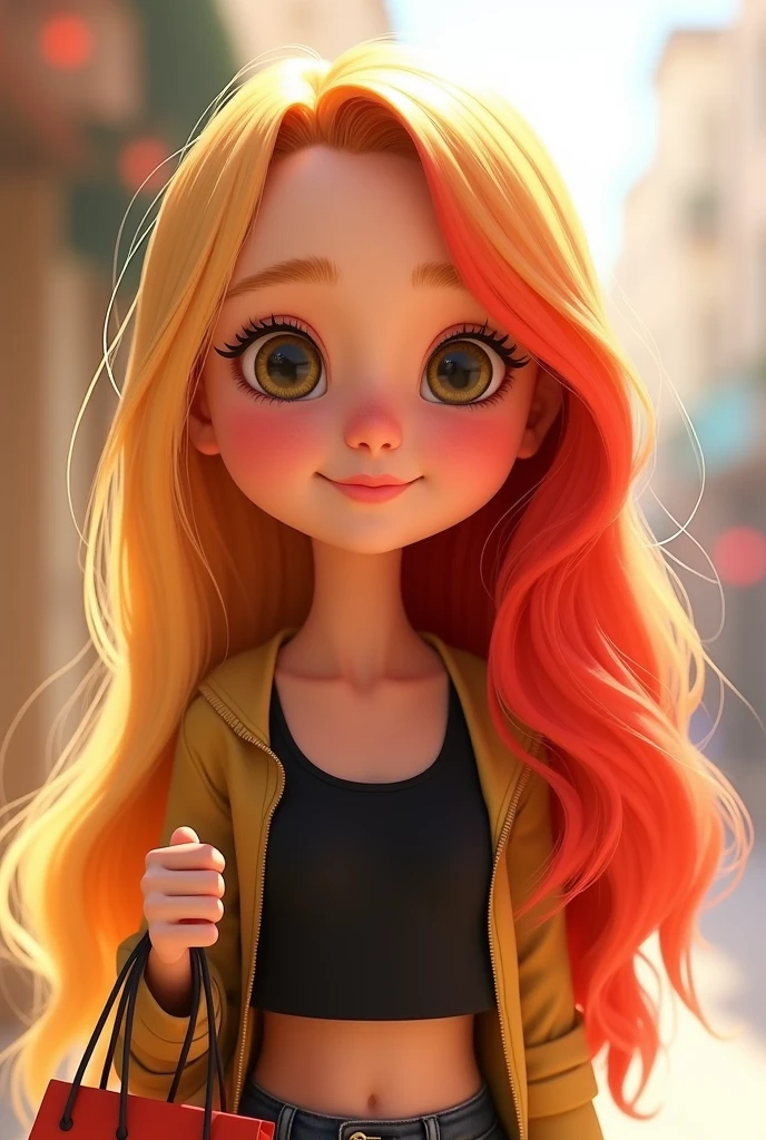 Pixar-style: blonde and red-haired girl, with her hair down, smooth at chest height, cropped black and a shopping bag