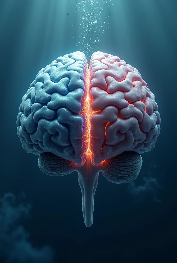 A whale's brain, split into two hemispheres, modern day, inside a 3D anatomical illustration, one hemisphere active while the other is dormant, surrounded by water visuals, detailed close-up, hyper-realistic, photo realism, cinematography --ar 9:16.