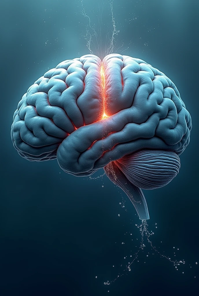 A whale's brain, split into two hemispheres, modern day, inside a 3D anatomical illustration, one hemisphere active while the other is dormant, surrounded by water visuals, detailed close-up, hyper-realistic, photo realism, cinematography --ar 9:16.