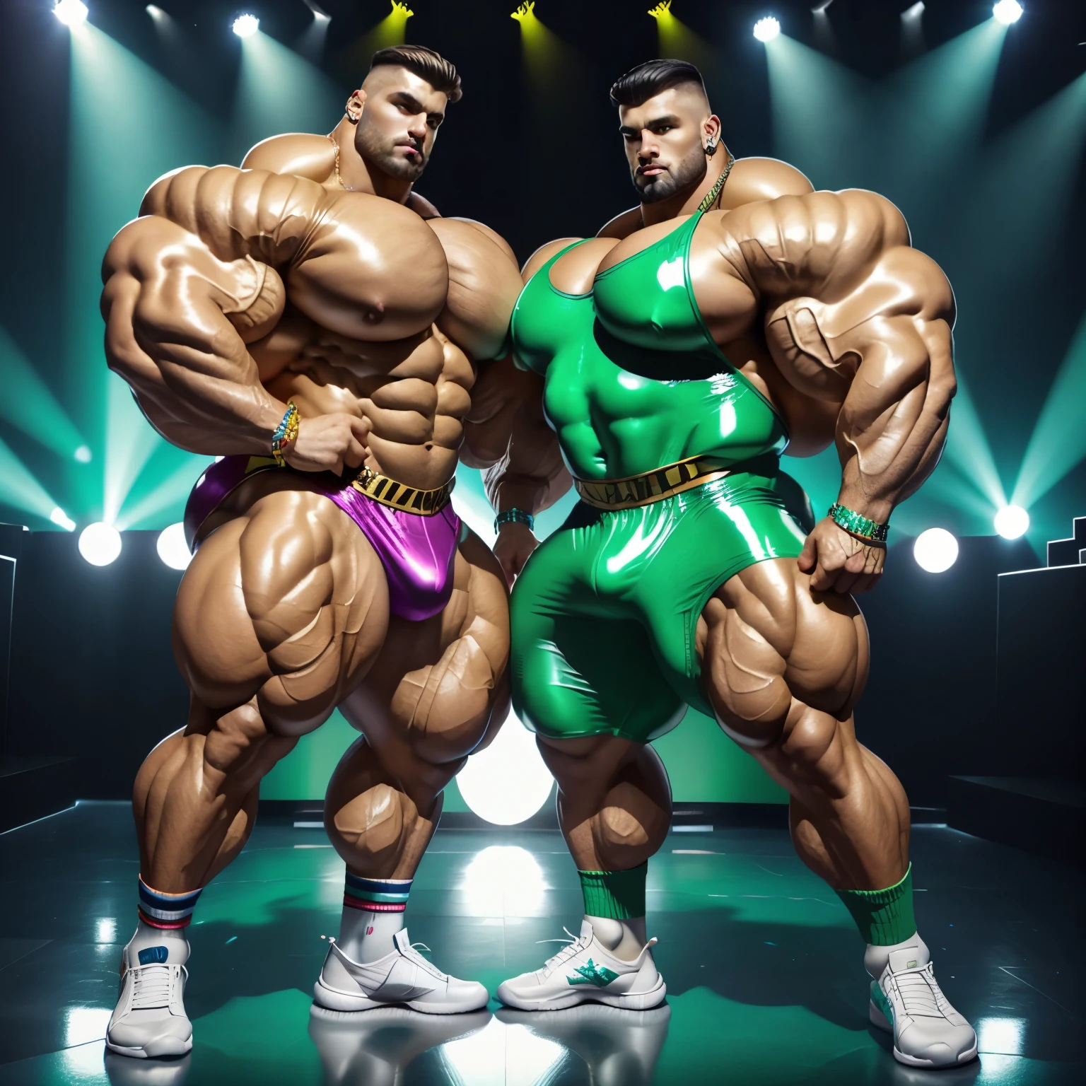 full body view, the 2 biggest heaviest hyper-massive over-muscular bodybuilded different white european males with hype styled undercut haircuts, facial piercings. intense neverending bigger muscle excessively growth . Dancing in disco party in latex shiny short jumpsuits and balenciaga triple s chunky neon-green colour sneakers and hyper-large white slouch socks, lots of jewelery and rings, socks must be seen, with many disco guys dancing behind