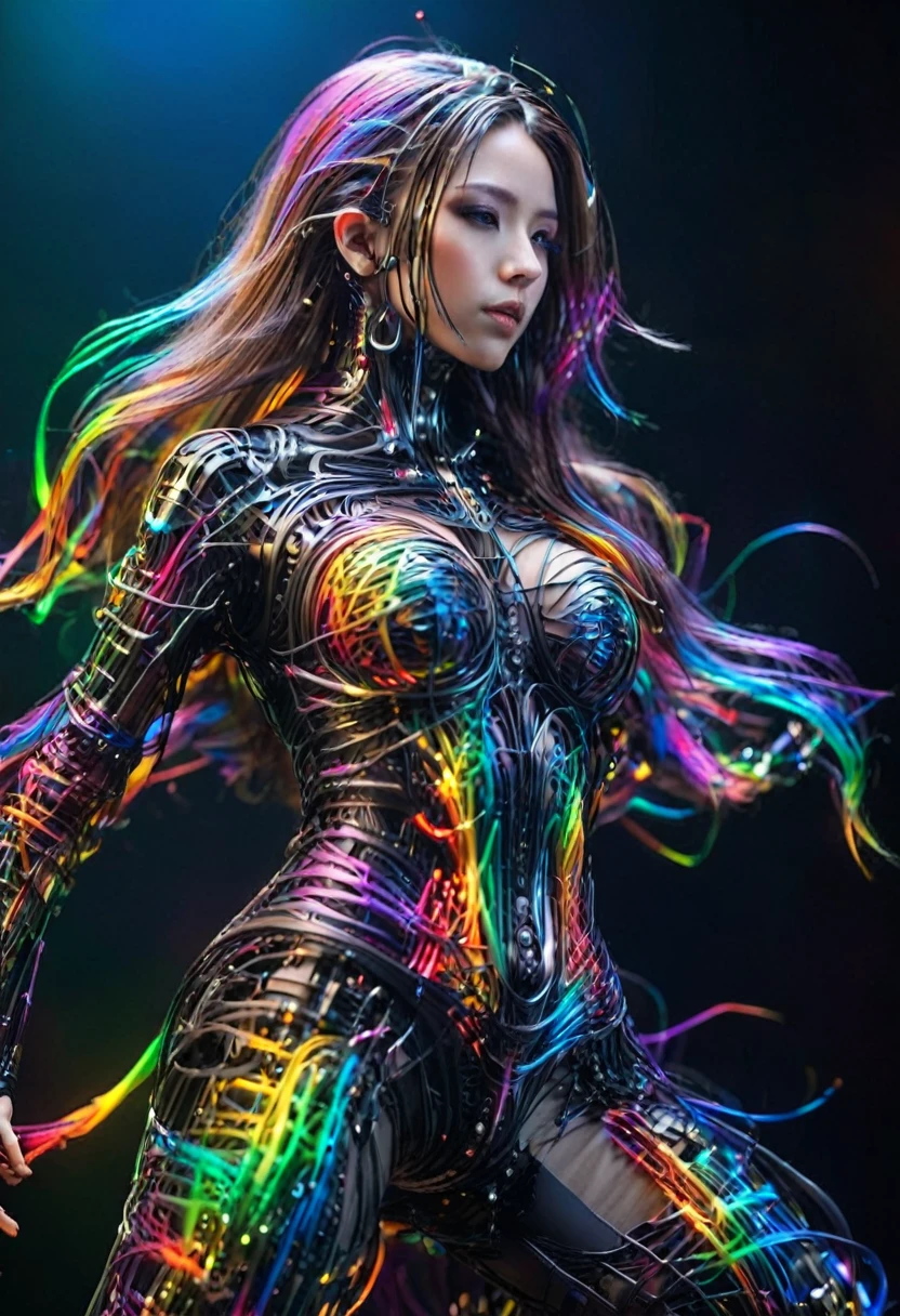 Ultra-Realistic Capture,18k,RAW Photos,Highest quality,masterpiece,reality,Very detailed,Sharp Photos,Very beautiful woman,Automata,cyber punk,20-year-old ,Model body type,slim,Large Breasts,Very long dress made of particles,Very detailedな電子機器の骨格,Mechanical joints,Many connecting lines,Rainbow colors,Very long hair,Sexy pose,Seductive pose,Acrobatic pose,(Detailed face),