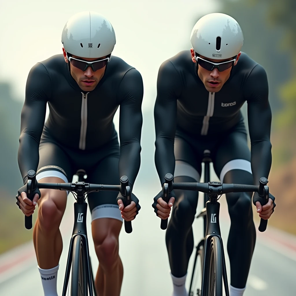 2 males,cyclist,Bodysuits,Are standing,Black long tights,Long sleeve,White binding shoes,White cycling helmet,White Long Socks,Cycling sunglasses