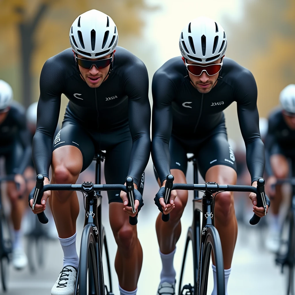 2 males,cyclist,Bodysuits,Are standing,Black long tights,Long sleeve,White binding shoes,White cycling helmet,White Long Socks,Cycling sunglasses