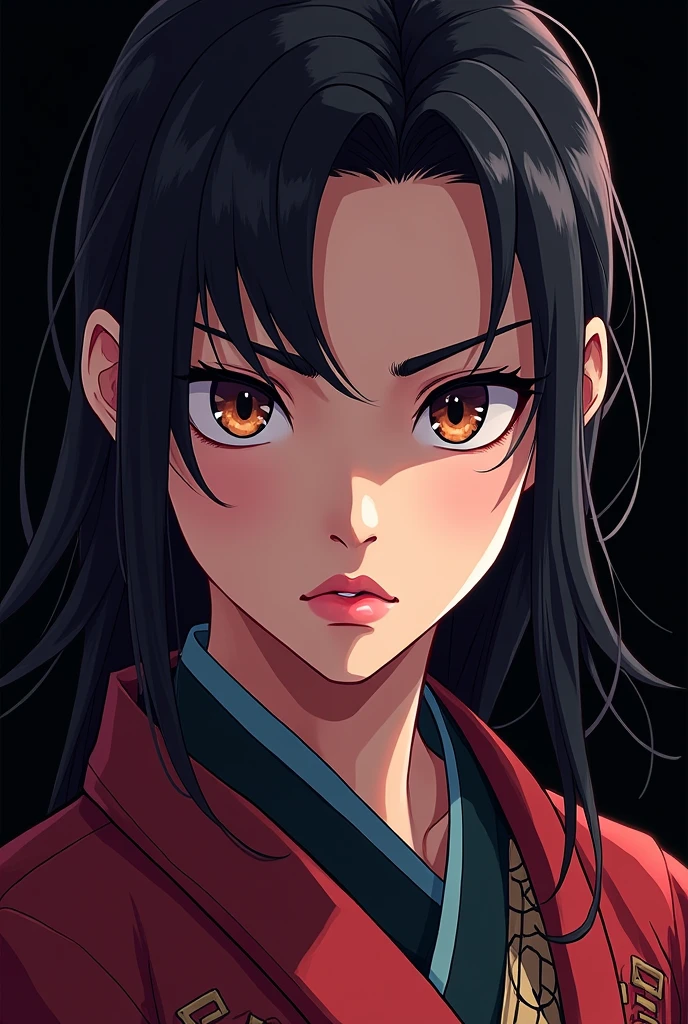 Only the face, make a Korean warrior girl with a black background, anime style.