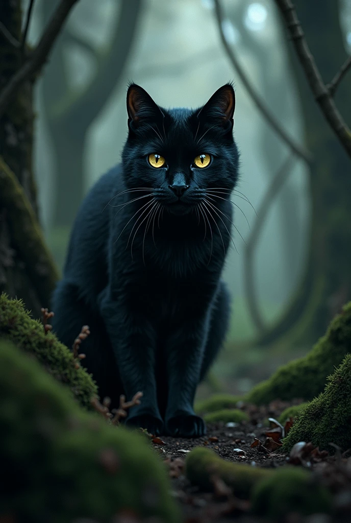 Black cat,dark eyes,in forest