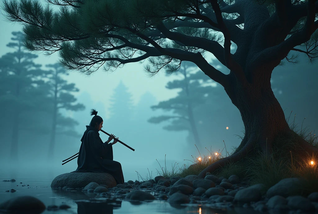 Low angle, low tilted POV. A lone samurai sitting on a stone under a Japanese pine tree, deeply absorbed in playing the Japanese shakuhachi flute, beautiful detailed eyes, beautiful detailed lips, extremely detailed face, long eyelashes, traditional Japanese clothing, cinematic lighting, dramatic shadows, mist and fog, moody atmosphere, intricate details, highly detailed, 8K, masterpiece, digital art, concept art, realistic, photorealistic. [Entire scene is surrounded by lights, evoking a magical and eerie atmosphere. The lighting is bright and atmospheric, with smoke adding a touch of sinister ambiance. Best quality image, HDR enhancement, showcasing the utmost level of detail and realism]. [8K, Best Quality, Ultra High Resolution, (highly detailed CG unity 8k wallpaper), (best photo), (best shadows), isometric 3D, octane rendering, ray tracing, highly detailed, (Best quality, 4K, 8k:1.2), absurdity, ultra detailed, (realistic, photorealistic, photorealistic:1.37), complex parts, HDR, (complex parts:1.12), (hyper detailed, hyper realistic, Soft lighting, spicy:1.2), (complex parts, Hyper detailed:1.15). Blurred foreground. (backlit), masterpiece, high quality, brightness, chromatic aberration, foggy smoke, shadows, contrast, clear sky, (warm hue, warm tone), high details, natural reflections].
