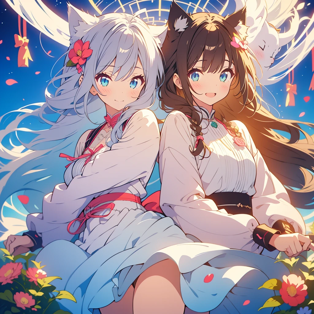 kawaii, anime, Cute, hyper quality, highly detailed, 8k, Clarity, Draw facial expressions in detail, A young girl with long pale silver hair and blue eyes., Girl with long dark brown hair and green eyes, highlight on eyes, smile, petals dance, cat ears, celebration, bright background, bright atmosphere, light dances, surrounded by flowers, A girl with silver hair and a girl with dark brown hair, cat pose, drawing two people,