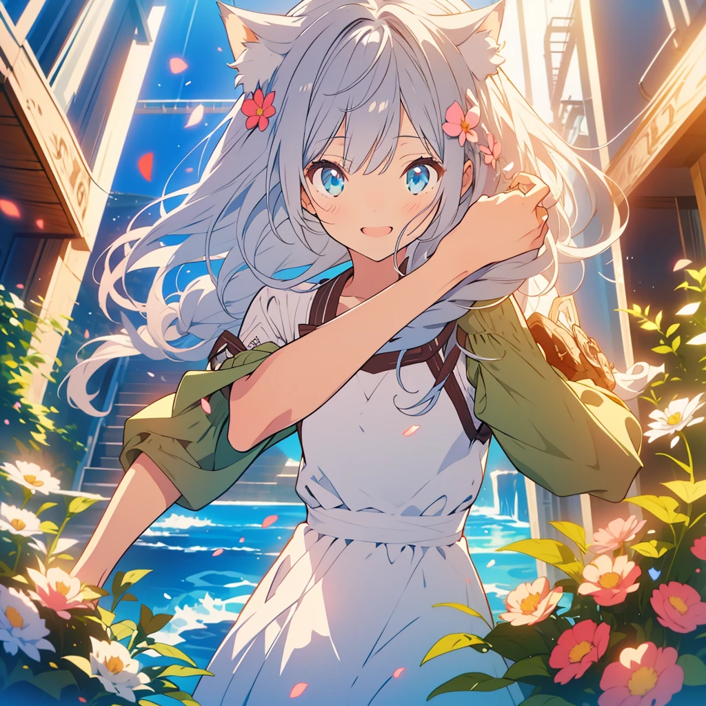 kawaii, anime, Cute, hyper quality, highly detailed, 8k, Clarity, Draw facial expressions in detail, A young girl with long pale silver hair and blue eyes., Girl with long dark brown hair and green eyes, highlight on eyes, smile, petals dance, cat ears, celebration, bright background, bright atmosphere, light dances, surrounded by flowers, A girl with silver hair and a girl with dark brown hair, cat pose, drawing two people,