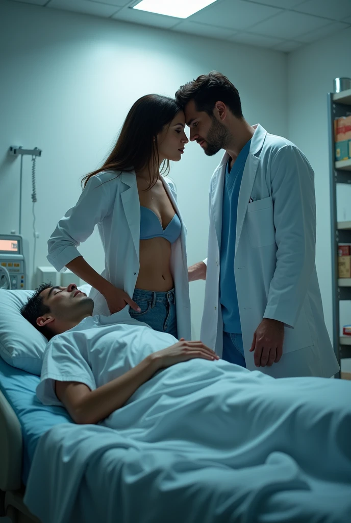 Magnificent detail, 8K Photos, hyper- realism, realistic background, visual depth, wide angle lens, professional light, all-body. A hot nurse with her lab coat slightly open, provocing the handsome medical man, while another man is sleeping on the hospital bed. hospital