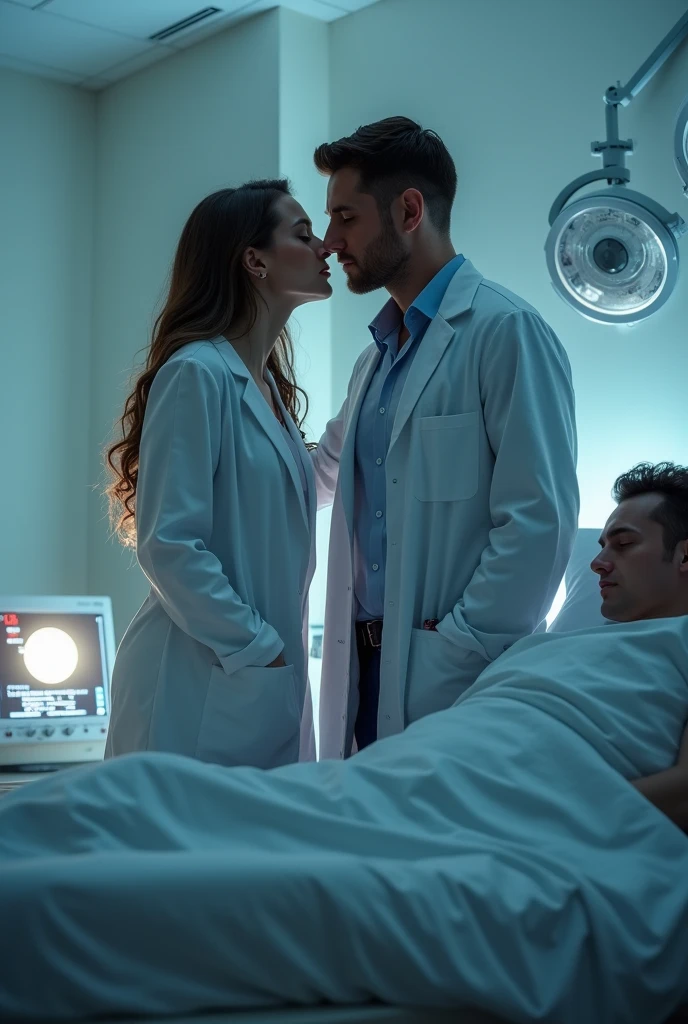 Magnificent detail, 8K Photos, hyper- realism, realistic background, visual depth, wide angle lens, professional light, all-body. A hot nurse with her lab coat slightly open, provocing the handsome medical man, while another man is sleeping on the hospital bed. hospital