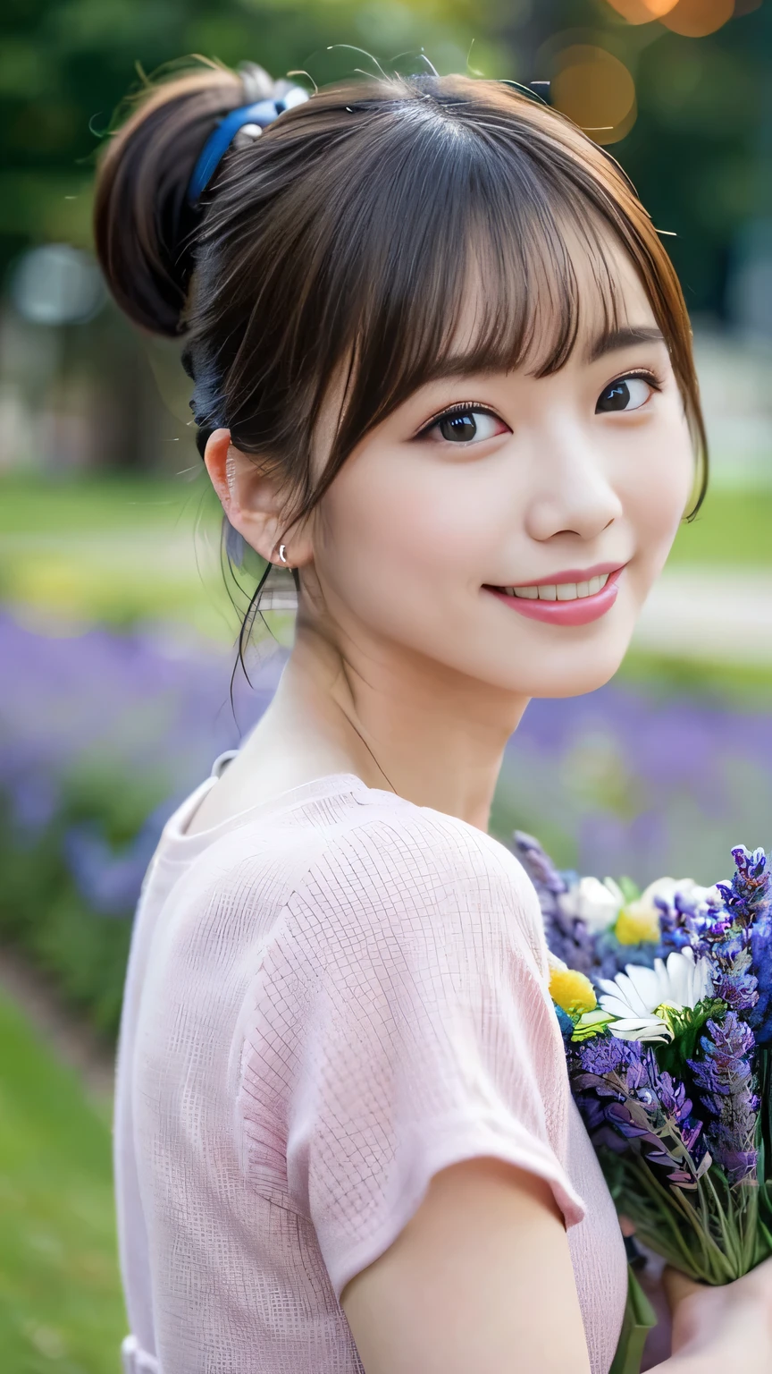 ((masterpiece,best quaLightingy 1.4)), (8k,RAW Photos:1.2), (Realistic,photo Realistic:1.4), Ultra-high resolution , (Highly detailed 8K wallpapers) ,Japanese Idols, Japanese actress, Japanese, very cute, Big eyes, Highly detailed eyes and face, Beautiful eyes in every detail,Glowing Skin,Portraiture,(ponytail :1.2),(smile:1.3) ,(Holding a bouquet:1.2),Lighting, Sharp focus, Written boundary depth , (Dynamic Angle:1.4 ). Blur the background, bokeh, (Pink Dress:1.2) ,( Lavender fields during the day.)