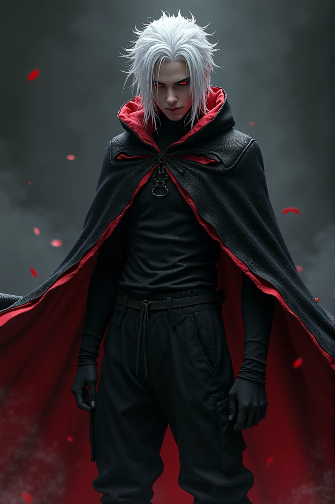 A male ager with long spikey white hair with red snake eyes wearing a black and red cloak and black baggy trousers 