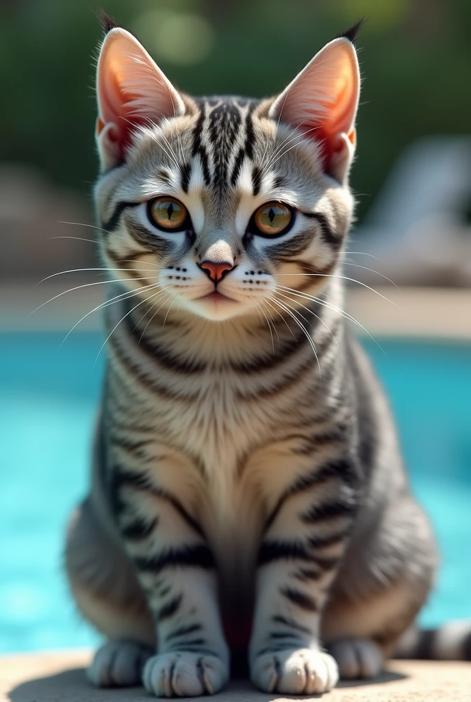 Create an image of an all-gray cat with stripes, white paw pads, brown eyes with a little green in the center, super cute, precious and adorable with very pointy ears and white tips on the ears, sexy and not so thin, and white ears in a swimsuit.