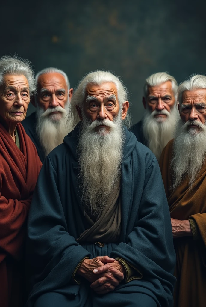 Seven wise old men from different ethnicities, forming a semicircle. Three of the seven sages are wise old women., positioned on the right and left side, with serene expressions that reflect the diversity and wisdom accumulated over the years. At the center, a man with a mysterious and charming appearance, with a long, well-groomed white beard, and a face marked by wrinkles that tell of a life of profound knowledge. Your clear eyes seem to hold the secrets of the universe, radiating an almost mystical serenity. All are dressed in simple robes, mas elegantes, reinforcing its aura of wisdom and mystery. The background of the image is enigmatic, evoking a sense of mystery and depth, suggesting a place where ancestral knowledge is shared. The image must be in landscape orientation, with dimensions of 1920 x 1080