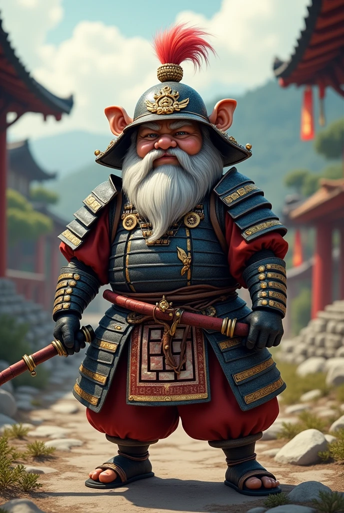 Create a samurai gnome , wearing medieval samurai clothes with colorful hair, and of average height, with a large aura of power 