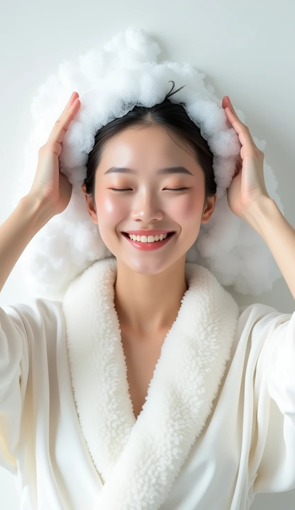 Create an Asian beauty，Regular facial features，Wearing a white satin bathrobe，Scratch your scalp with both hands，Two hands washing hair on top of head，There is a lot of foam and water on the head，Foam wrap head，Real bubbles，Open your eyes，The expression is happy，Upper Body，The characters are realistic and realistic，Pure white background，Character front position，9:16 frames，Ultra-high-definition picture quality