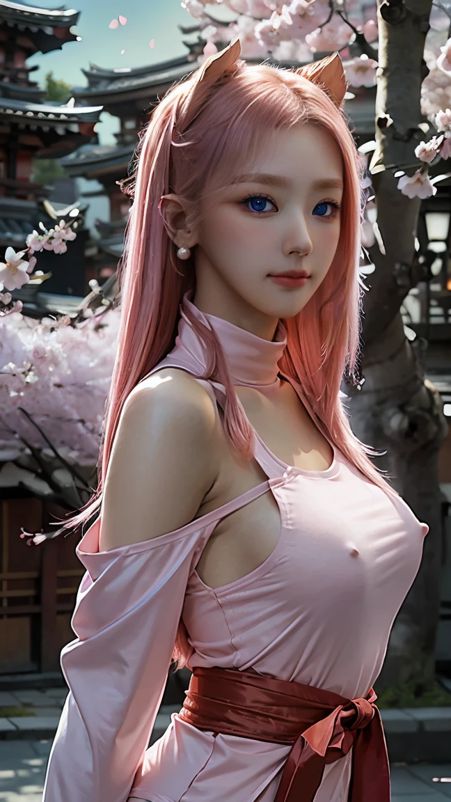 Masterpiece, Excellent, 1girl, solo, complex details, color difference), realism, ((medium breath)), off-the-shoulders, big breasts, sexy, Yae Miko, long pink hair, red headdress, red highlight, hair above one eye, purple eyes, earrings, sharp eyes, perfectly symmetrical figure, choker, neon shirt, open jacket, turtleneck sweater, against the wall, brick wall, graffiti, dim lighting, alley, looking at the audience, ((mean, seductive, charming)), ((cherry blossom background))),((Japanese temple background)))), (((luminous background))), (dynamic pose), tulle, bare shoulders, blooming flower fields, radiant skin, faint smile, sexy, bust, no breast cover, slutty, erotic, suggestive, cocked ass, tummy look, big boobs, ((nsfw))
